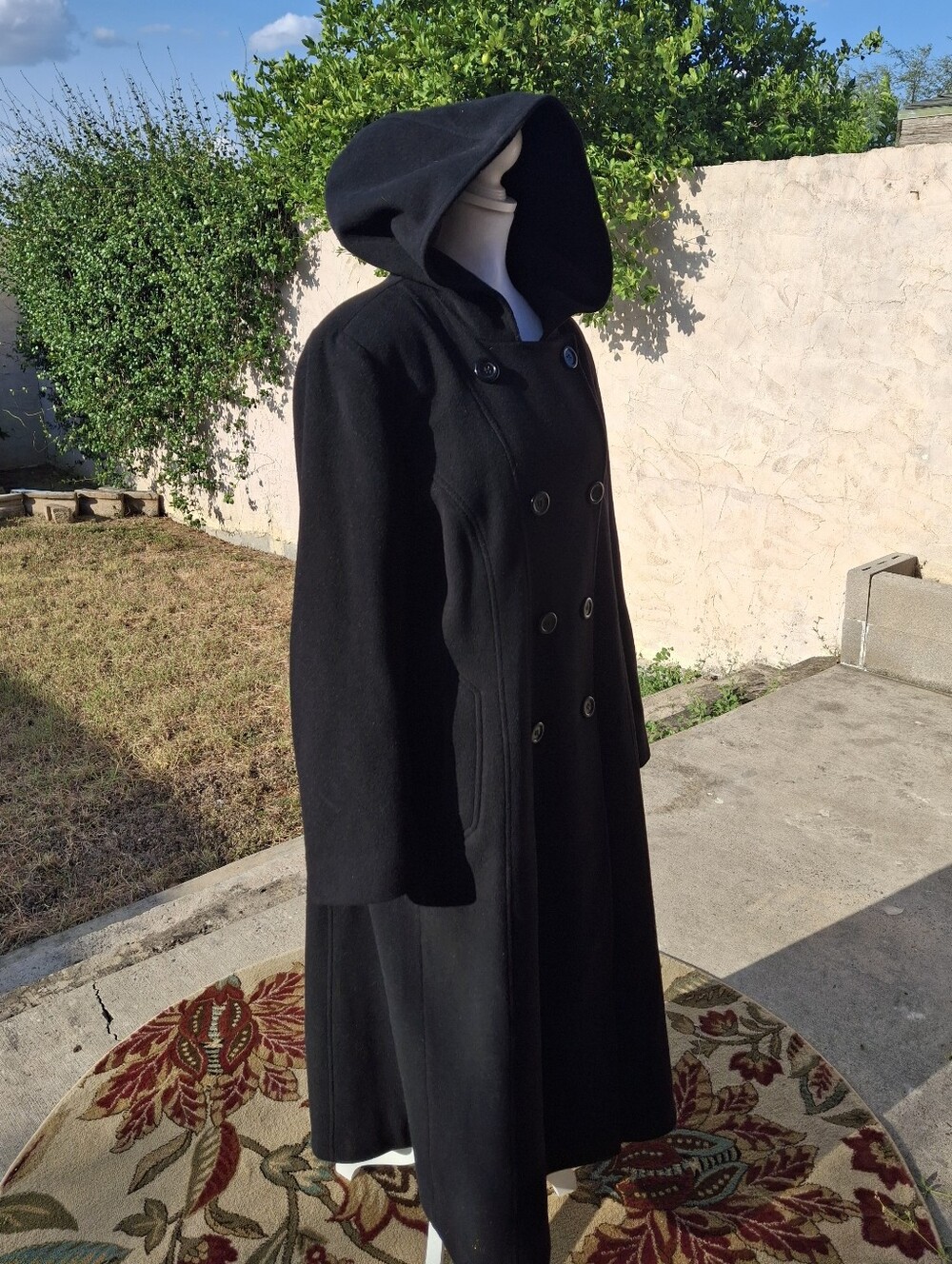 Anne Klein Black Hooded Double-Breasted 100% Wool Long Coat Women Size 16 - Picture 12 of 16